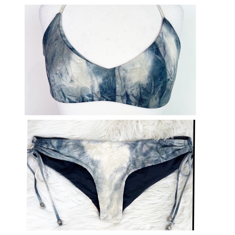 BLACK GRAY TIE DYE STRAPPY BIKINI SIDE TIE BIKINI BOTTOMS WOMENS SMALL